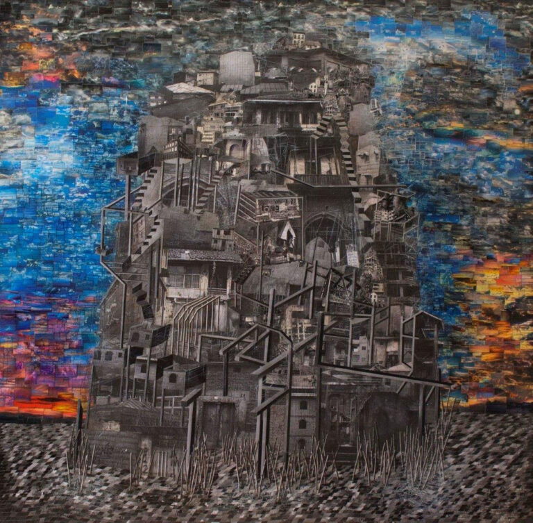 Tower of Babel. Collage of artists’ photographs, found images and cello tape. 120x120 cm. 2019