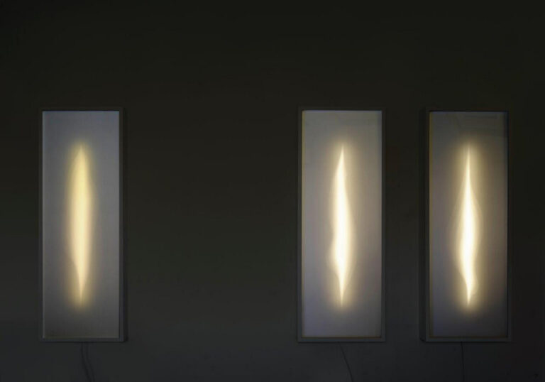 The origin of the world .3 Light Boxes, each 123 x 46 cm, paper, glass, plexiglas and wood. 2019