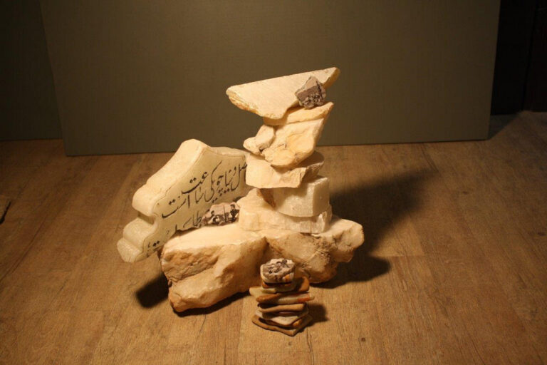 Maryam Farzadian. From series Scattered in Forty Pieces. Oil painting on stone and assemblage of stones.2021