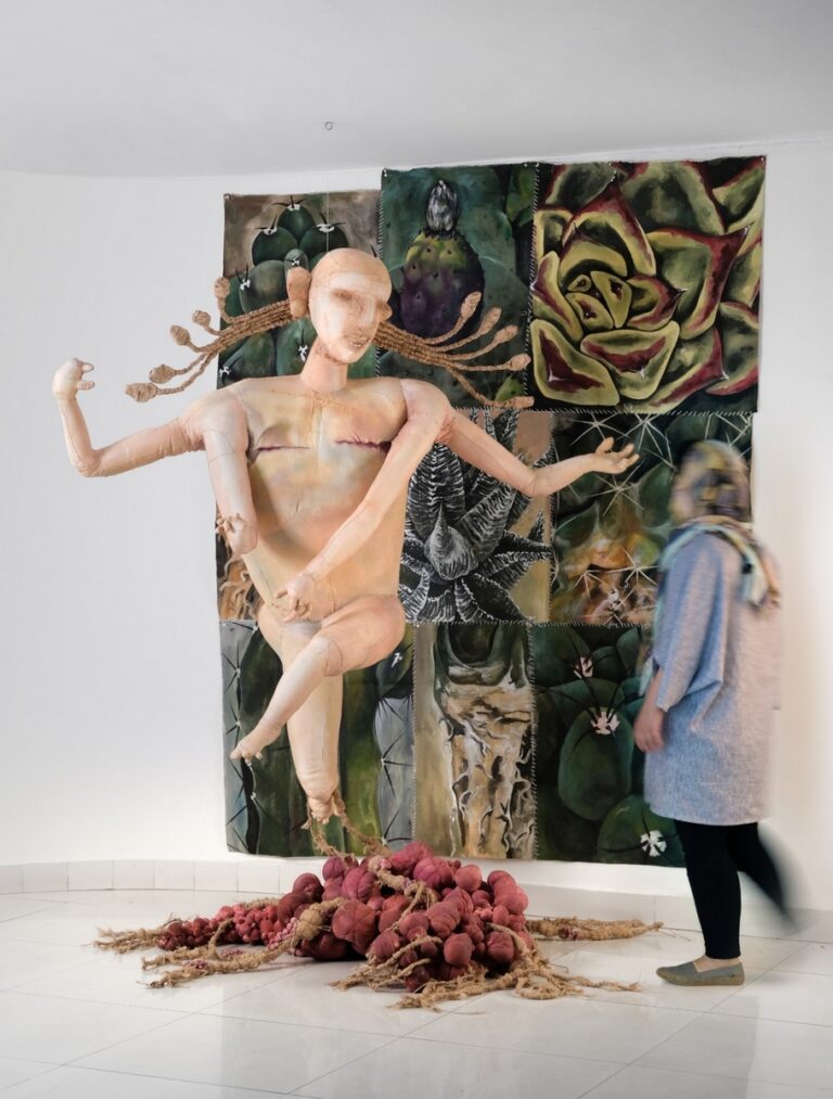 Parisa Taghipour- Shiva And My Father. Mixed media: fabric, fiber, artificial teeth. 180x180x 40 cm-2019