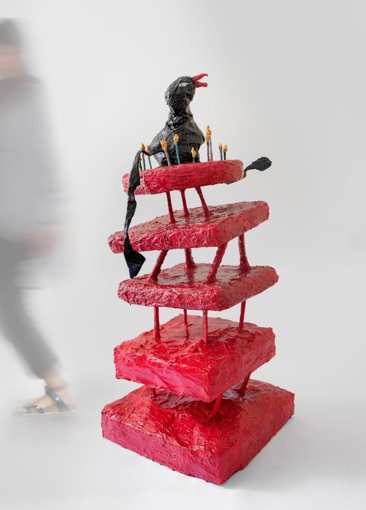 The Beginning of Red. Five tiered birthday made by papier mache, 150x64x98 cm. 2019.