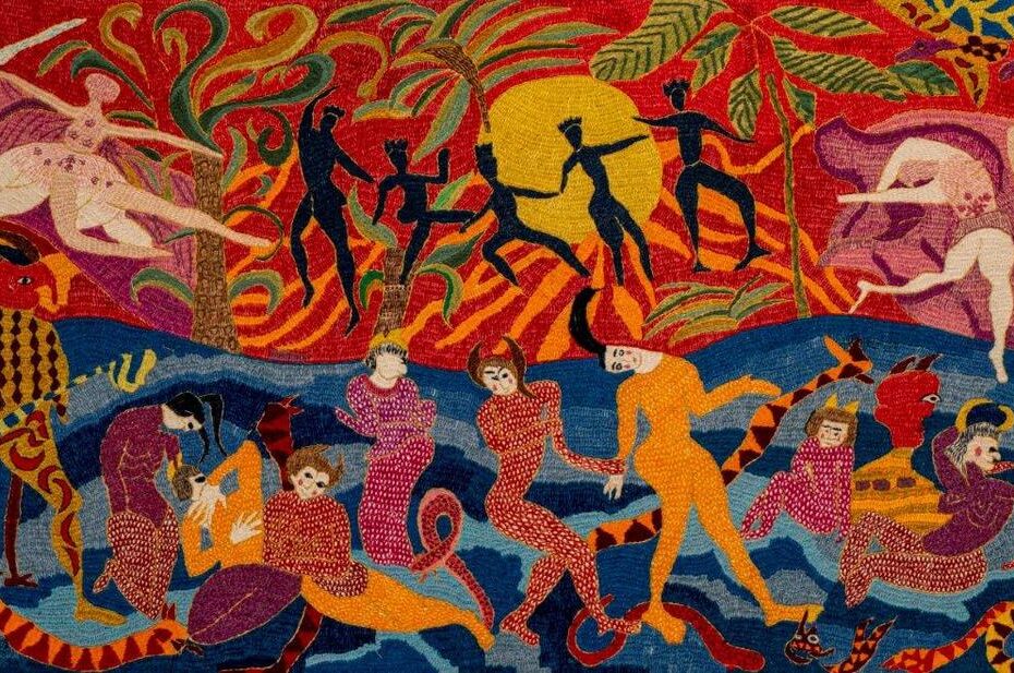 Humans & Anthropoids in a Dance of Liberty. Pateh Douzi on fabric. Size 128x65 cm.2023