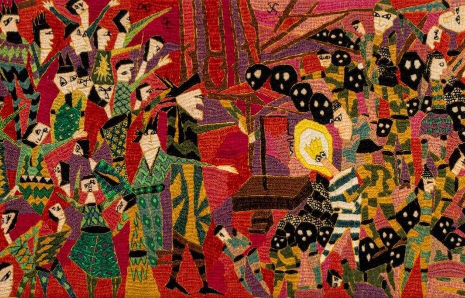 Walking towards Death, They Sang of Passion of Life (From Hushang Ebtehaj's poem). Pateh Doozi on fabric. 47x95 cm. 2023