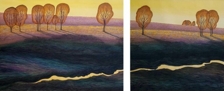 Flowing. Diptych. Watercolor acrylic ink on cardboard. Overall size 124.5x53 cm. Year 2023