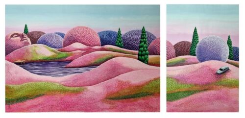 Arezoo Shahdadi-Tiara. Watercolor, acrylic, gauche on linen cardboard. Diptych. Overall size 70x150 cm. 2023