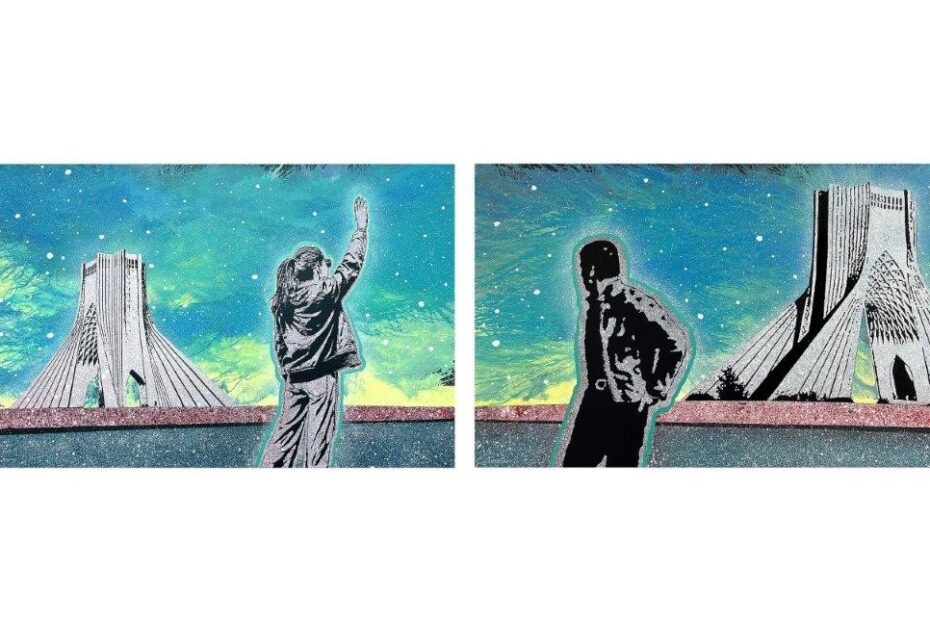 Mohammad Eskandari-Rendezvous. Oil on canvas. Diptych, each panel 85x135 cm, overall 85x270 cm