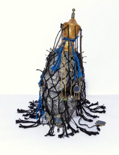 Rhyton. Doll, Papier-mâché, nails, threads and custom jewelry. 42x34x18 cm. 2023.