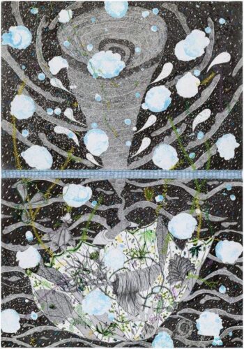 The Great Storm. Pencil ink watercolor Embroidery & Crocheting on cardboard. 145x100 cm. Year 2023.