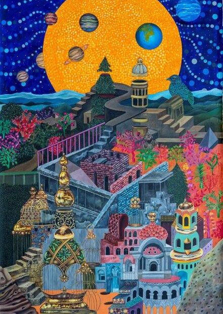 Hejazi Sisters. As Sun Sets. Acrylic on canvas. 250x110 cm. 2024.