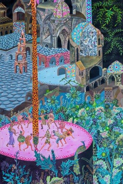 Hejazi Sisters. From the Silence of the Mind to the Cool Air of Dispensation. Acrylic on canvas. 250x110 cm. 2024.