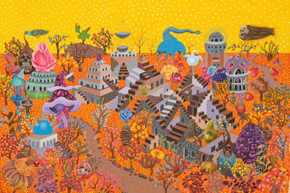 Hejazi Sisters. In Vastness of time A Dream Crawled in. Acrylic on canvas. 150x220 cm. 2024.