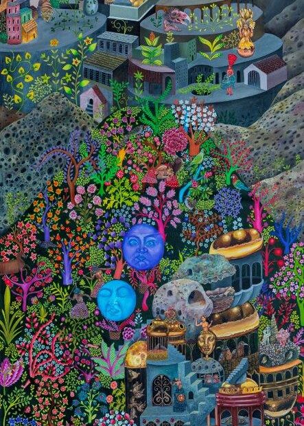 Hejazi Sisters. The Emerald Earthquake. Acrylic on canvas. 250x110 cm. 2024.