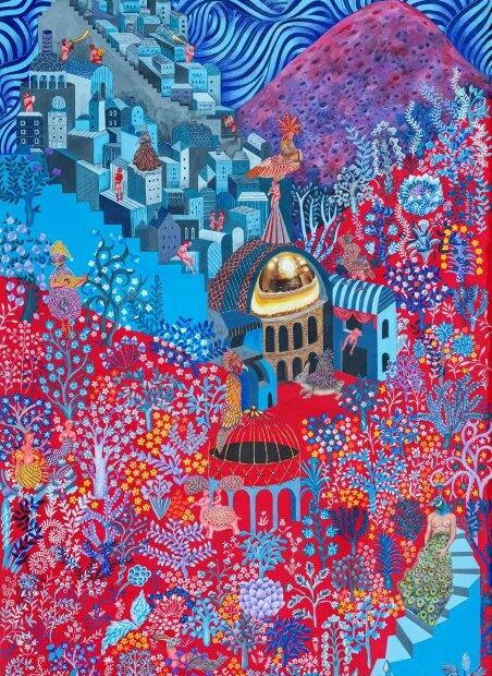 Hejazi Sisters. The Sea of Secrets and The Jewels of the Shores. . Acrylic on canvas. 250x110 cm. 2024.