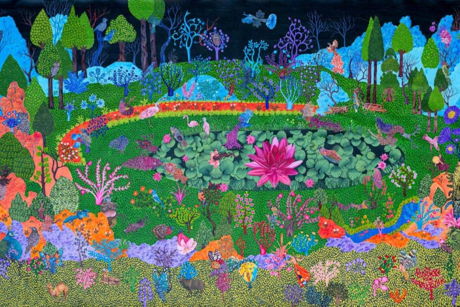 Hejazi Sisters.Shadow of Butterfly in the First Ever Lotus Garden. Acrylic on canvas. 150x250 cm. 2024.
