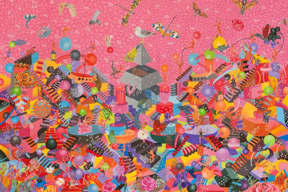Hejazi Sisters.The Reflection of Bird in Mirror. Acrylic on canvas. 150x200 cm. 2024.